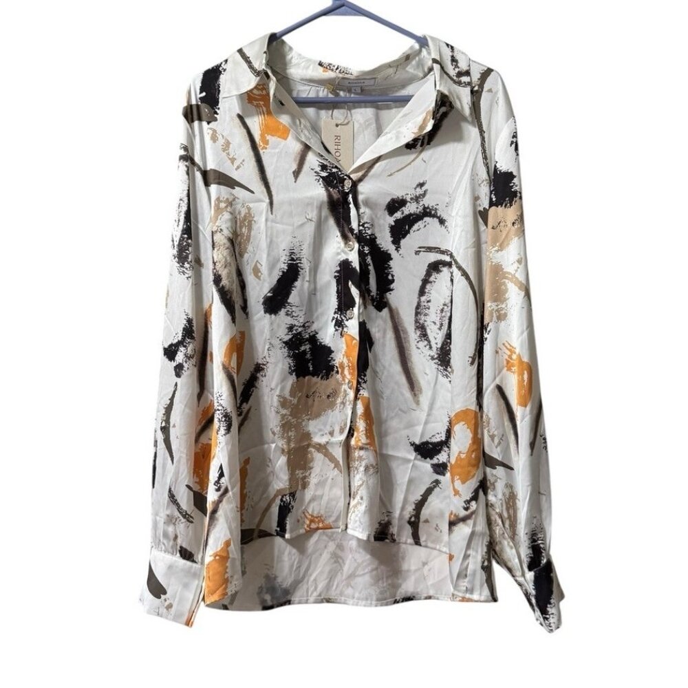 Rihoas Women Button Down Shirt Size‎ Large Artsy Lightweight Polyester Classic